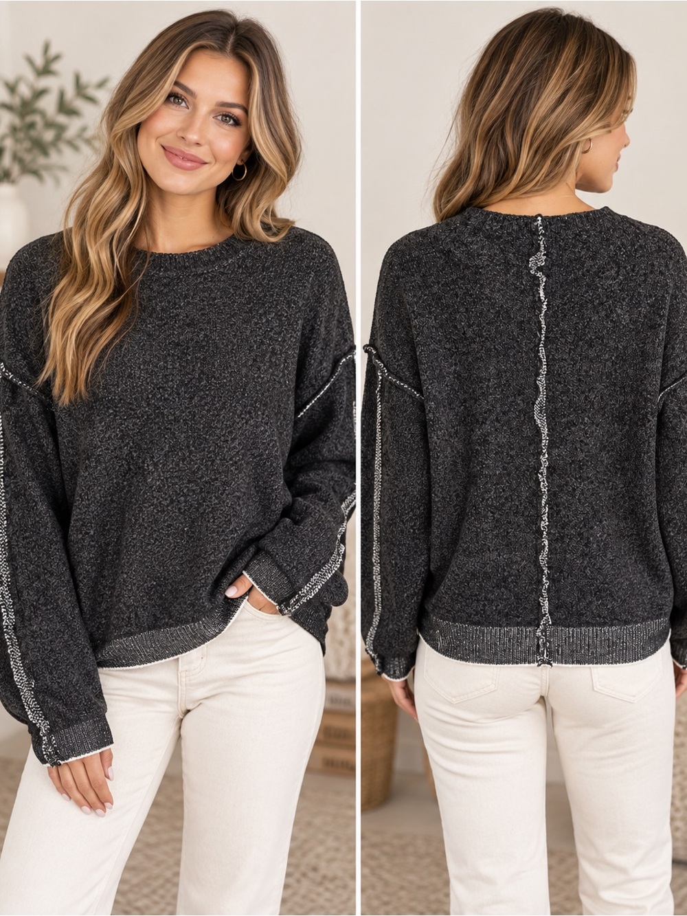 Zenana Chenille Exposed Seam Crewneck Sweater – Black 🖤